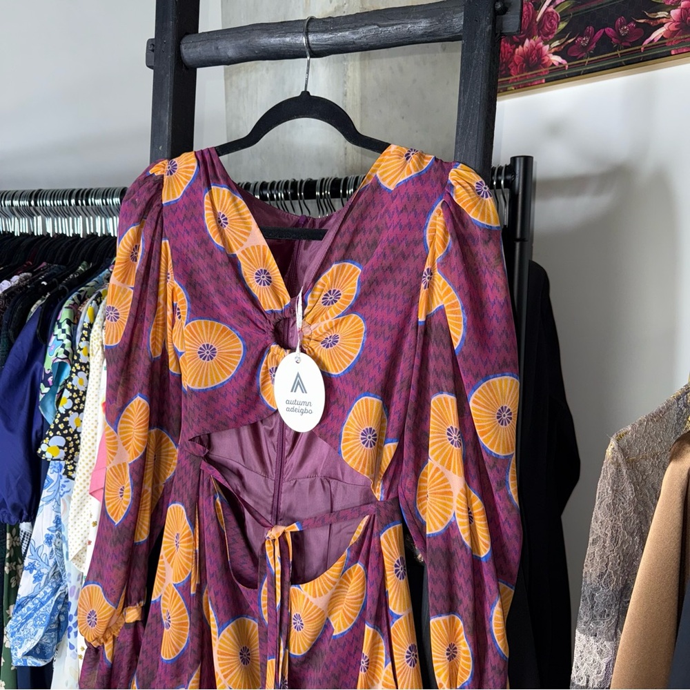 Autumn Adeigbo Amelie Printed Cut-Out Mini Dress Purple Womens 4 New NWT - Picture 7 of 17